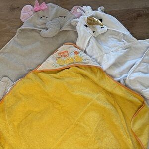 Lot of 3 Baby Hooded Bath Towels Ducks Elephant Unicorn